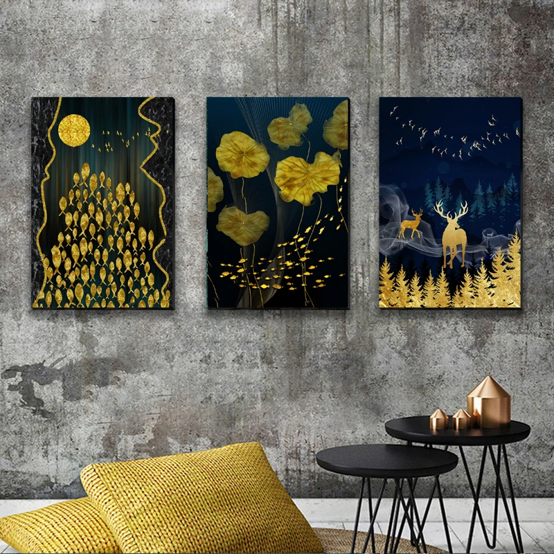 Luxury Golden Canvas Wall Art Printing Custom Modern Home Room Decoration 3 Panel Wall Art Piece Set Abstract