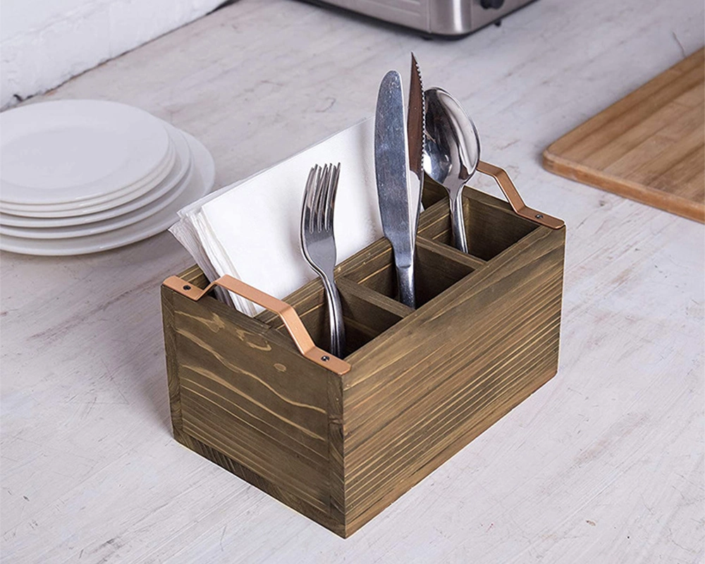 Aveco Luxury Wooden Knife Fork Napkin Storage Restaurant Cutlery Holder with Metal Handle Wholesale