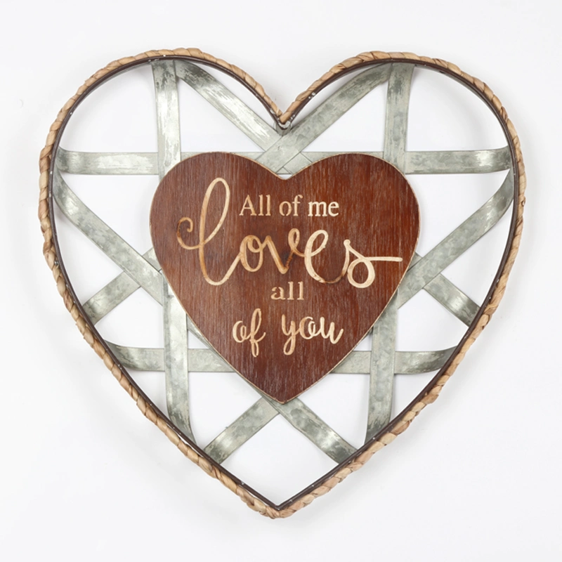 Solid Wood Wall Haning in Heart Shape Design with Laser Cutting Metal and Rope Decor, Metal with Galvanized Wall Plaque