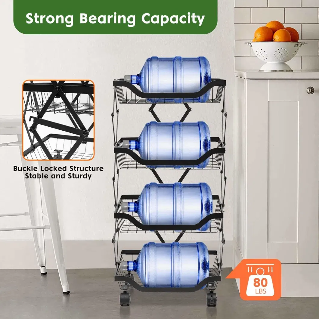 4 Tier Collapsible Metal Wire Storage Pantry Baskets with Wheels Kitchen Storage Rolling Utility Cart Fruit Basket