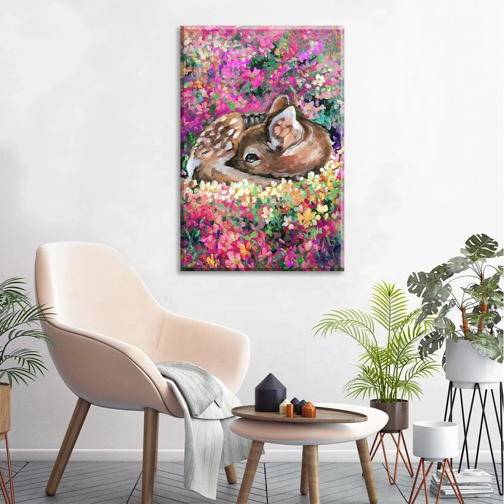 Reindeer Oil Painting Flower Floral Animal Wall Art Canvas Frame Handmade Home Decor