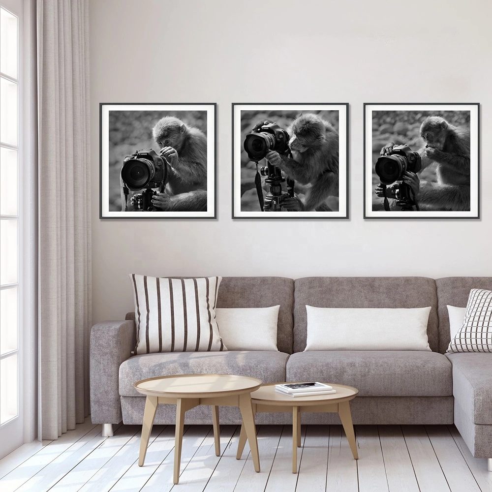 Black and White Wall Art Painting Monkey Modern Design Canvas Cheap Custom 3 PCS Piece Framed Home Decor Animal