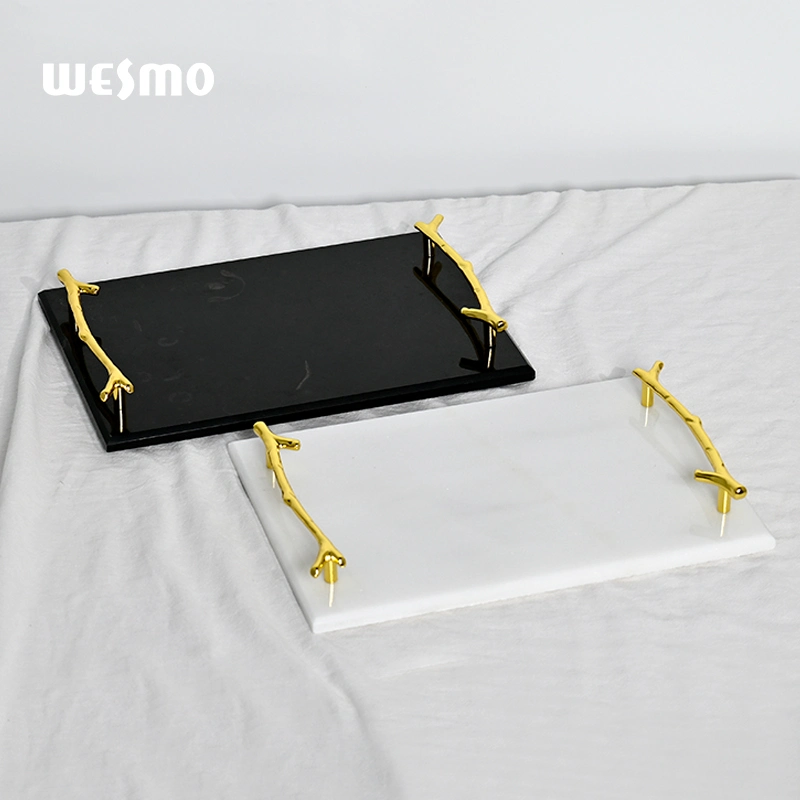 Popular Rectangle Marble Serving Tray with Branch Metal Handle for Home Decorative Table Tray