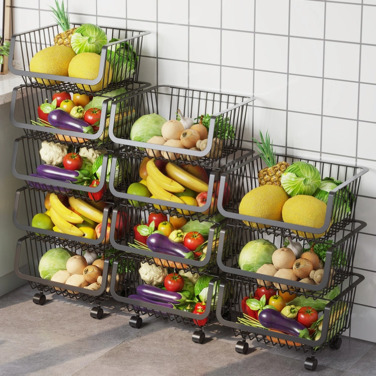 Wire Kitchen Storage Basket Stackable Potato Onion Storage Bins Fruit Vegetable Baskets with Wheels