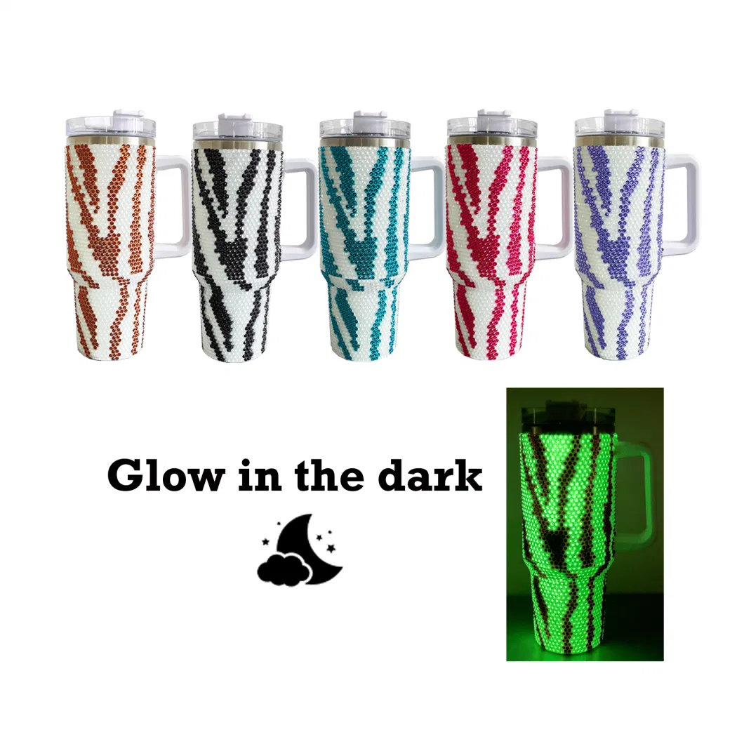 40oz Camping Cup Trendy Outdoor Animal Printed Mug Glow in Dark Stainless Steel Zebra Bling Rhinestone Tumbler with Handle