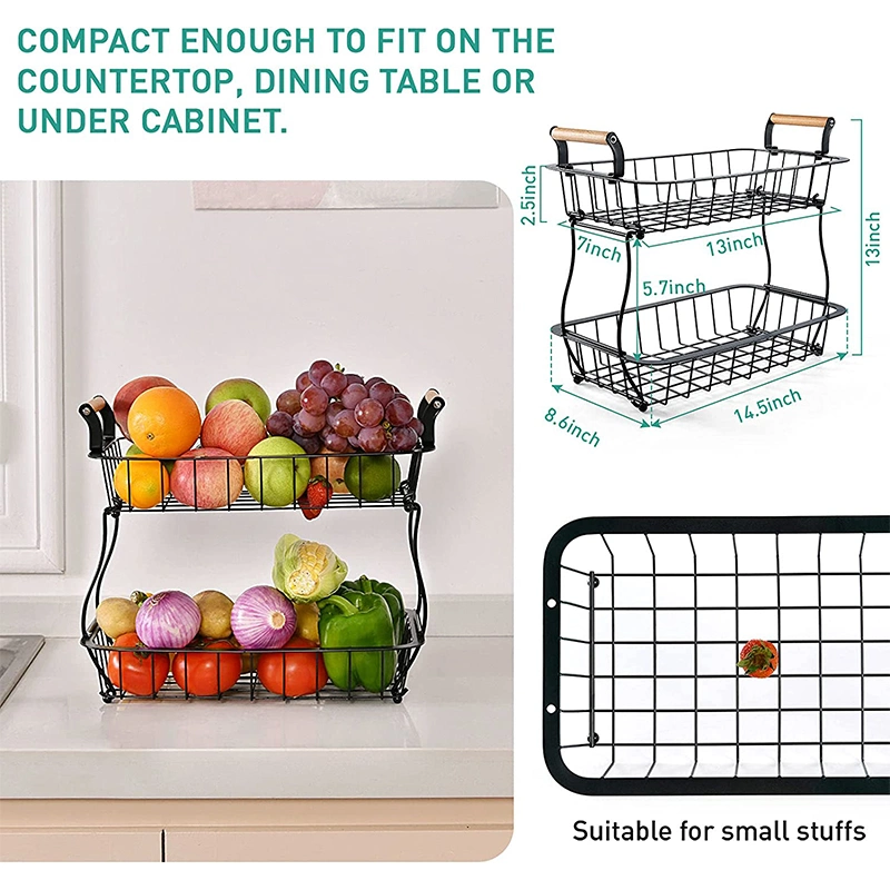 Multifunction Large Capacity 2-Tier Fruit Vegetable Basket Storage Iron Holder Bamboo Handle with 2 Banana Hangers