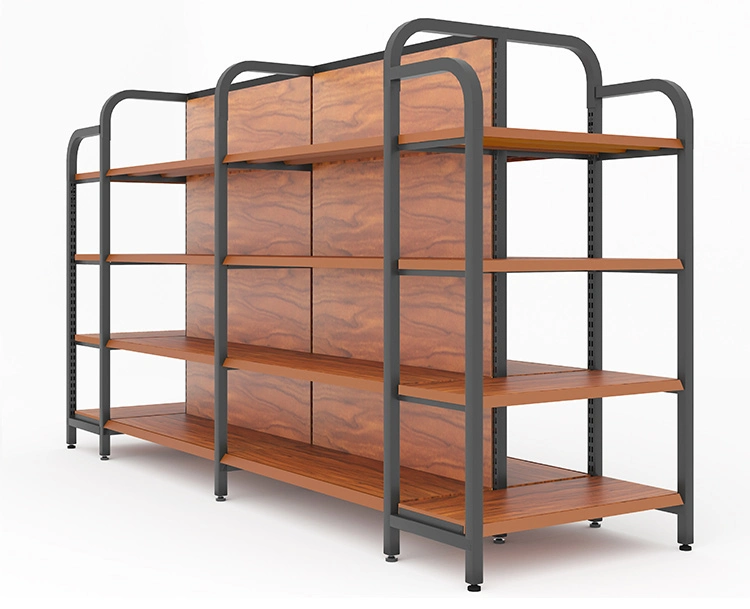 Supermarket Shelf Four-Column Wood Grain Steel Frame with Guardrail Multi-Layer Display Rack