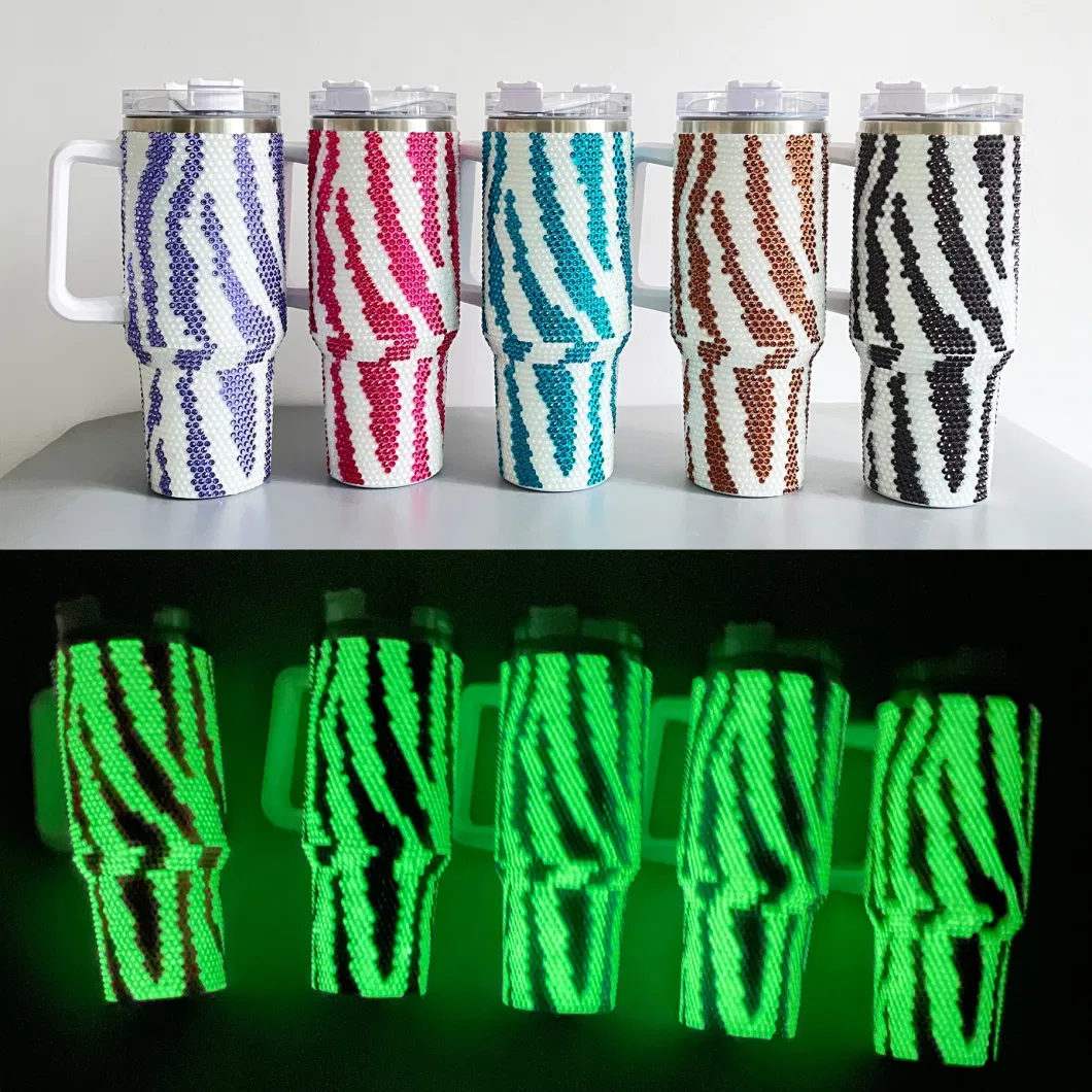 40oz Camping Cup Trendy Outdoor Animal Printed Mug Glow in Dark Stainless Steel Zebra Bling Rhinestone Tumbler with Handle