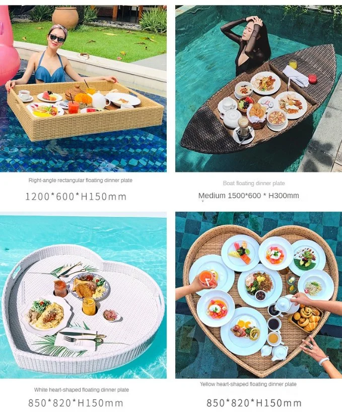 Water Food Rattan Serving Tray Floating Breakfast Tray for Swimming Pool