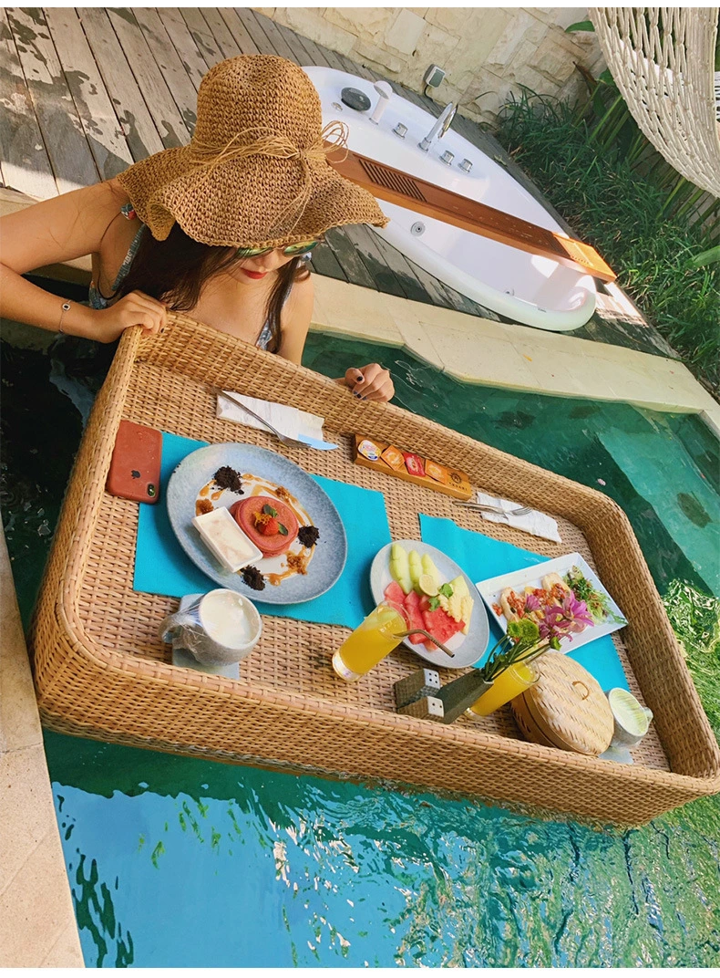 Water Food Rattan Serving Tray Floating Breakfast Tray for Swimming Pool