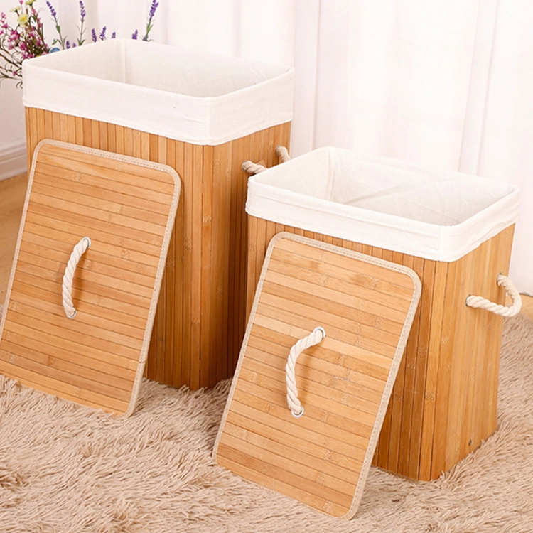 Private Label Home Hamper Foldable Frame Fabric Collapsible Storage Bamboo Clothes Laundry Basket with Lid