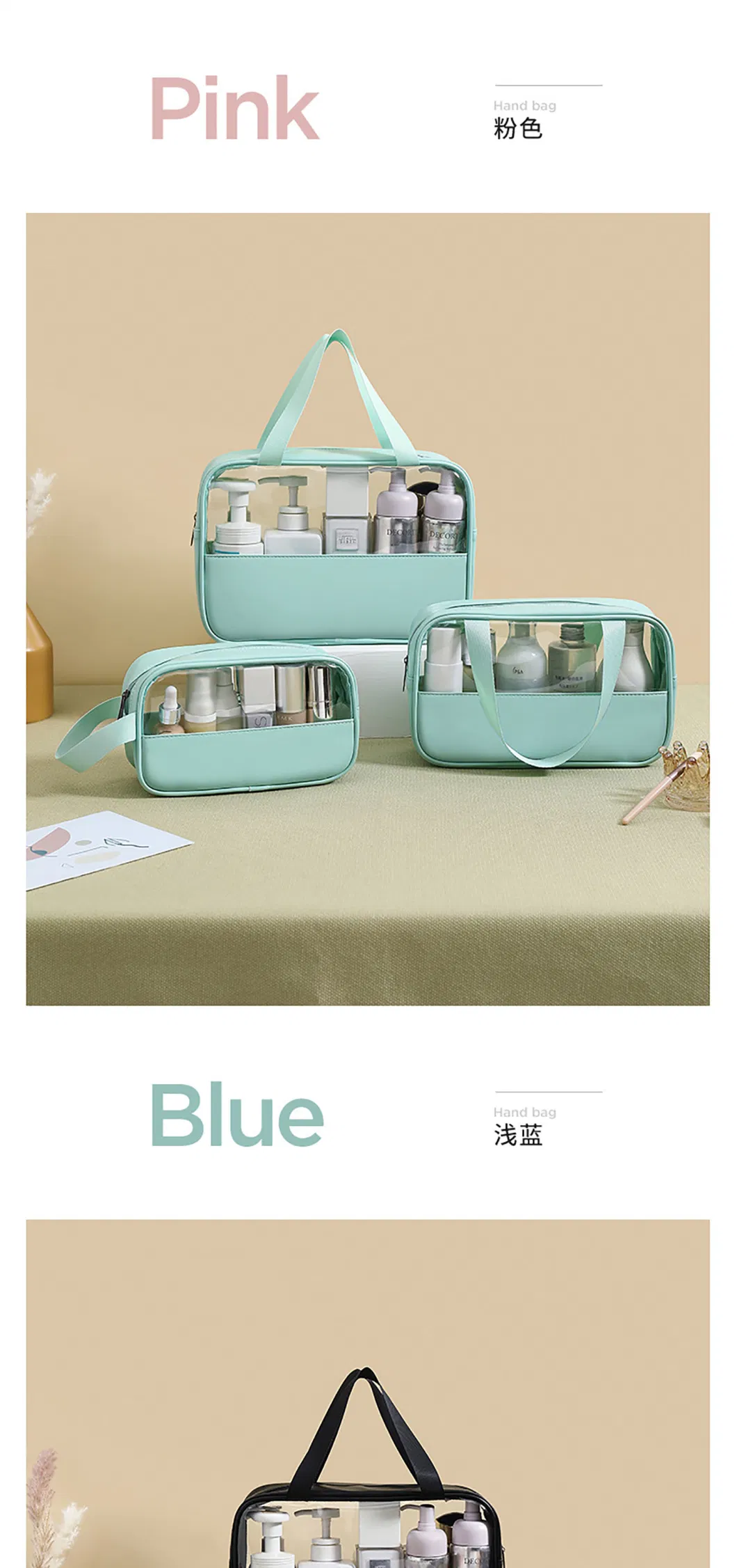 Multiple Colors 3PCS Portable PU &amp; PVC Clear Travel Makeup Cosmetic Case Hanging Toiletry Bag