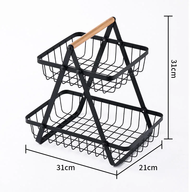 Multifunctional Metal Kitchen 2/3 Tier Fruit Bowl Basket Food Vegetables Holder with Handle