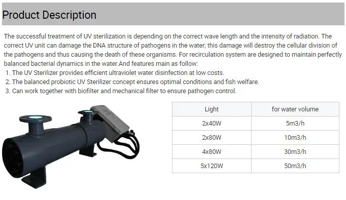 UV Sterelizer Fish Ras for Aquaculture Equipment UV Sterilizer