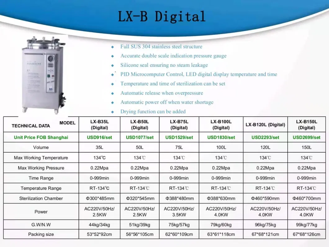 Medical Equipment Hospital Use S. S. Vertical High Pressure Steam Digital Autoclave Sterilizer