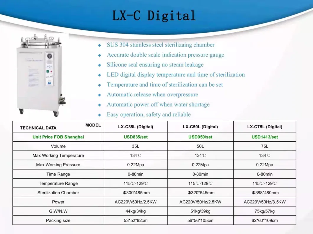 Medical Equipment Hospital Use S. S. Vertical High Pressure Steam Digital Autoclave Sterilizer