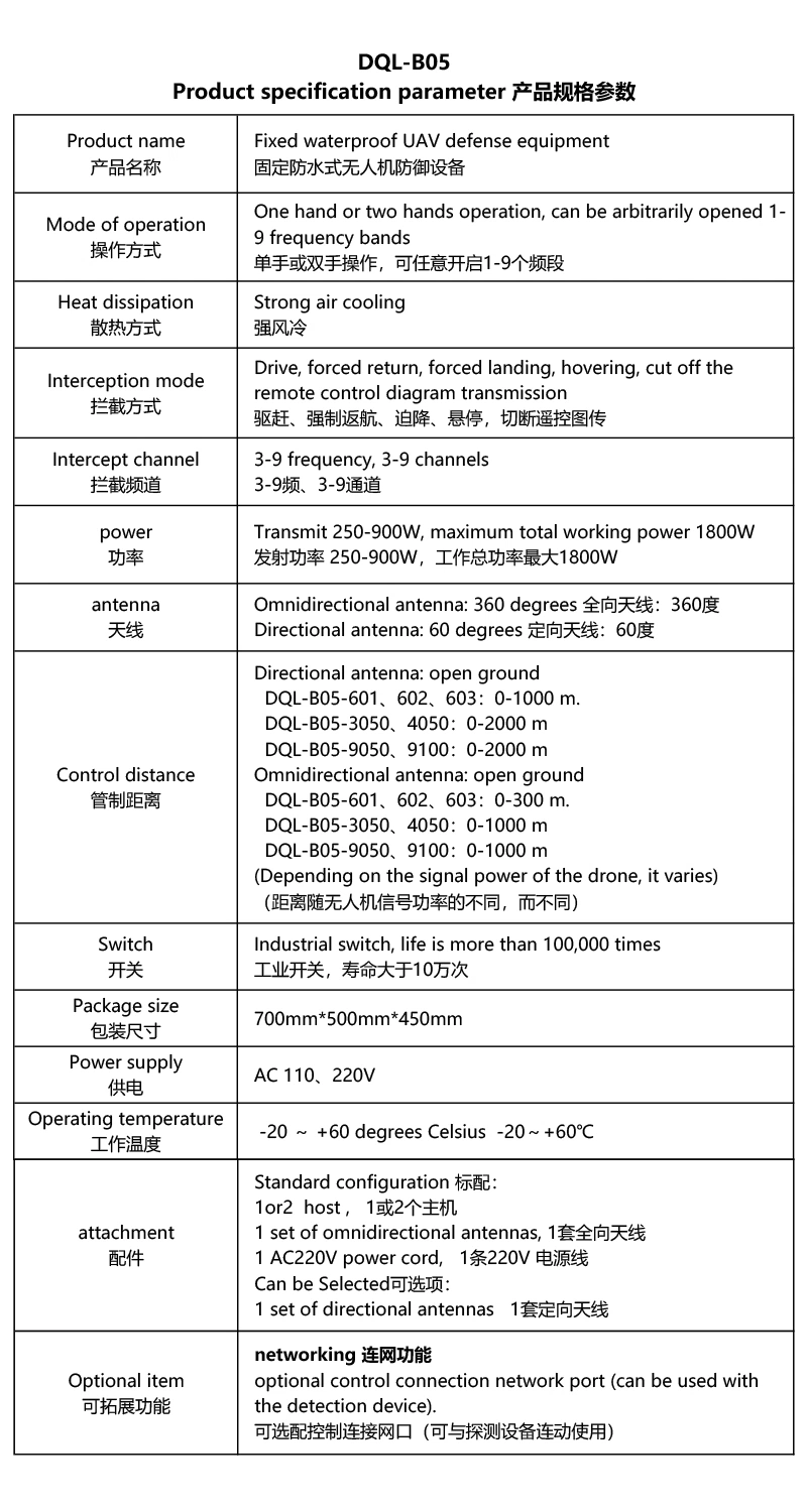 9 Frequency Bands Dql-B05-9050 Waterproof Fixed Multifunctional Anti Drone Defense Jammer