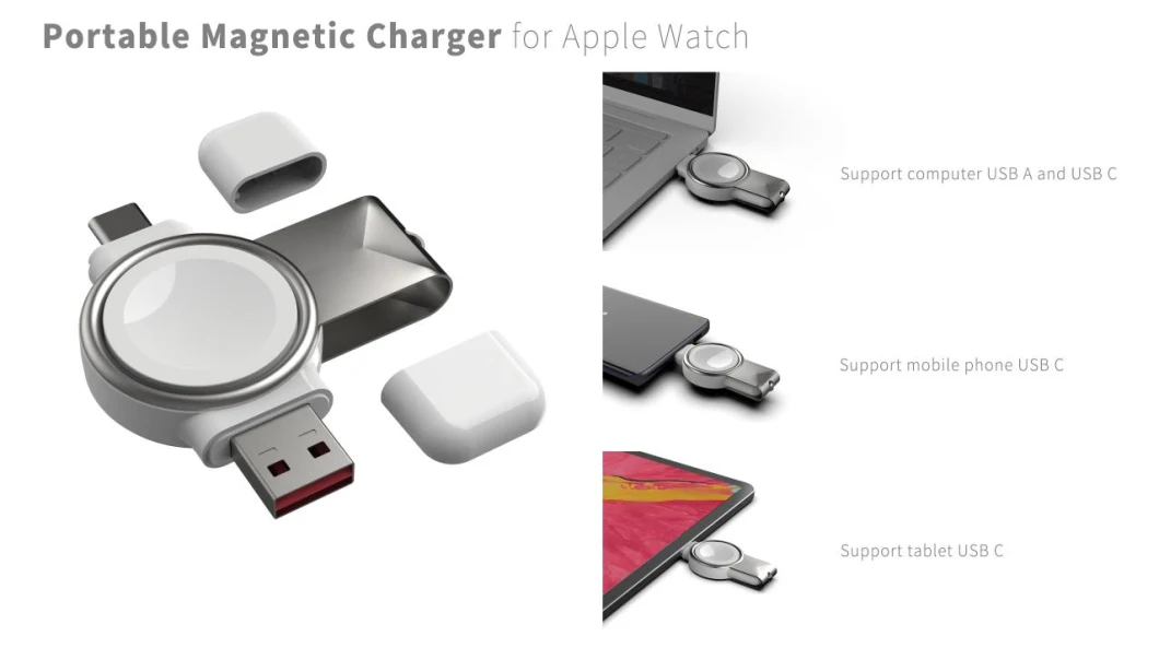 New Portable Watch Wireless Charger for Apple Watch iWatch USB-a Tpec-C Dual Interface