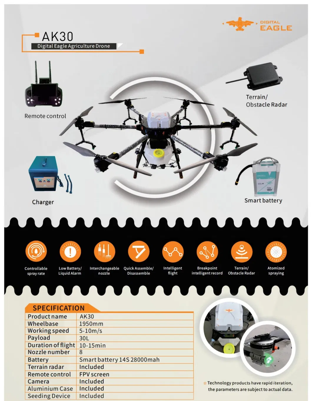 Ak30 Digital Eagle 30kg Agricultural Drone Sprayer with Spraying and Fertilizing Device