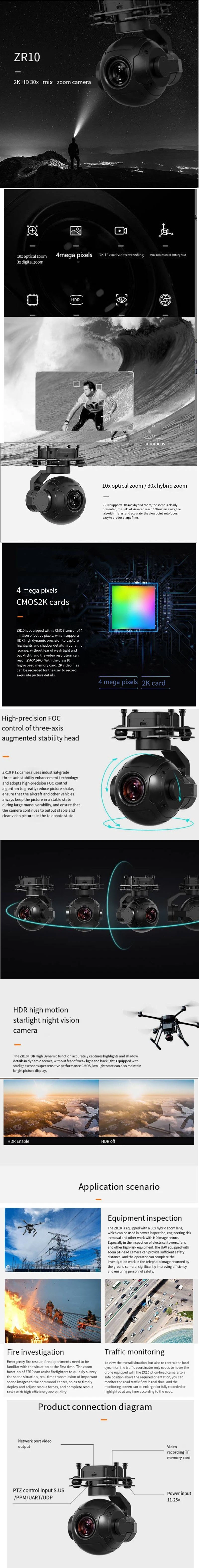 Zr10 2K HD 30X Hybrid Zoom Camera Drone Pod Load PTZ Gimbal Camera for Drone