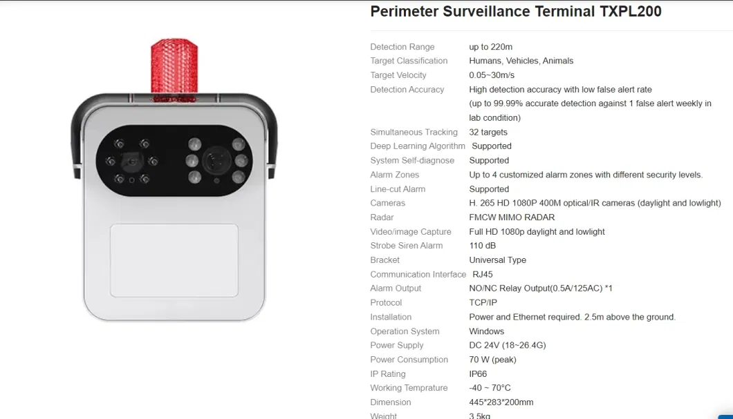 Ai Built-in Perimeter Surveillance Radar Video Integrated Alarm System