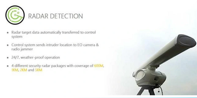 Low Altitude Airspace Drone Jammer Uavs Jammer Defence System with Radar Detecting and Eo Camera Identify and Tracking Drones up to 2km