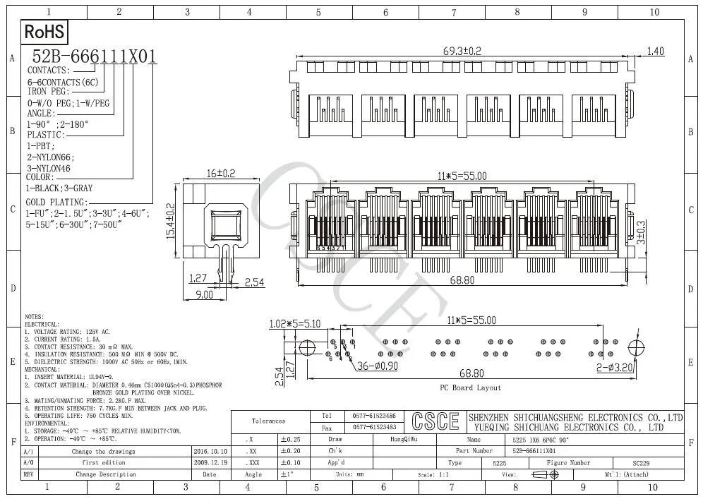 Unshield Side Entry Rj11 Modular PCB Jack with Metal Peg