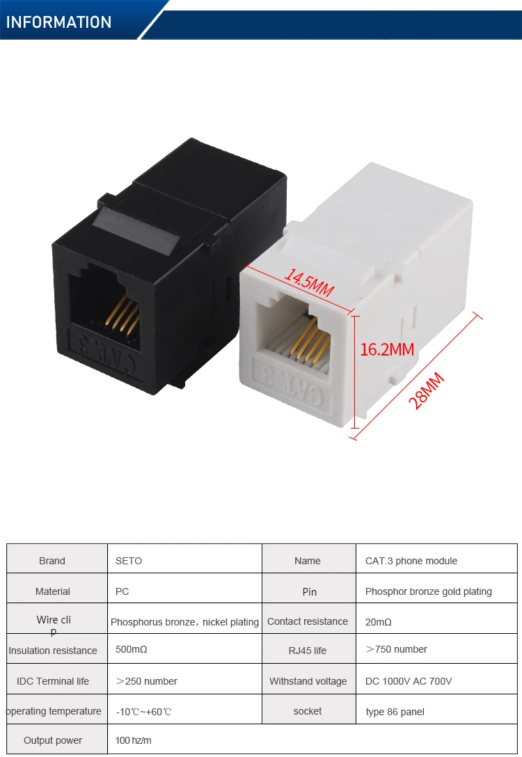 Cat3 Phone Jack 180 Degree Rj11 Keystone Jack Straight Coupler