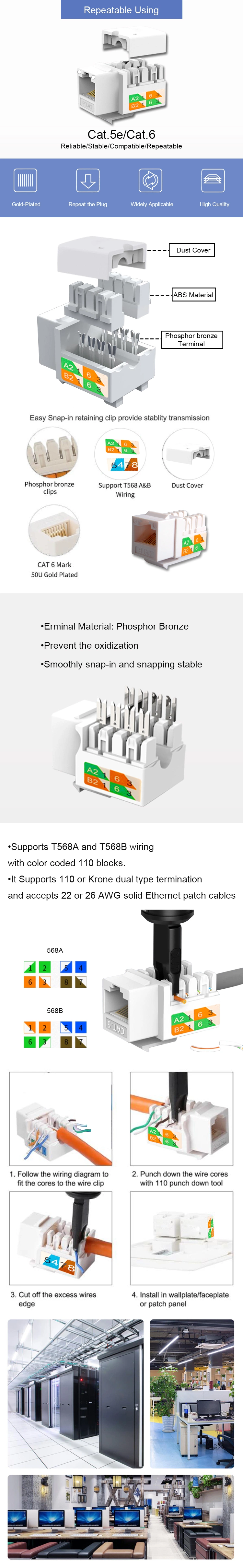 Gcabling UTP RJ45 Keystone Jack CAT6 with Keystone Jack Color Code