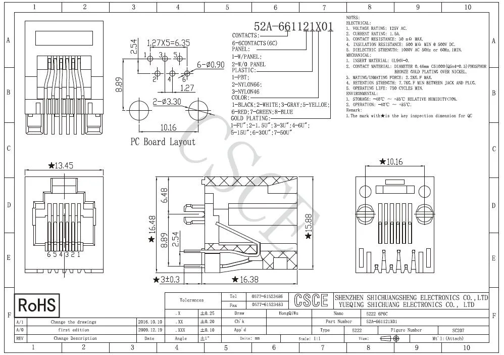 Top Entry 1 Port Rj11 Connector Modular Jack with Round Pin