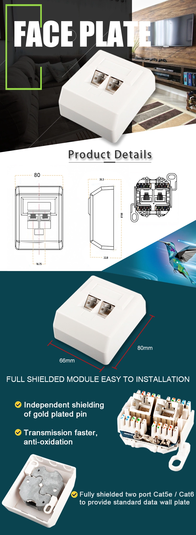 Gcabling Germany 2ports Shielded Keystone Jack Data Cat5 Cat5e RJ45 Outlet Surface Mount Faceplate