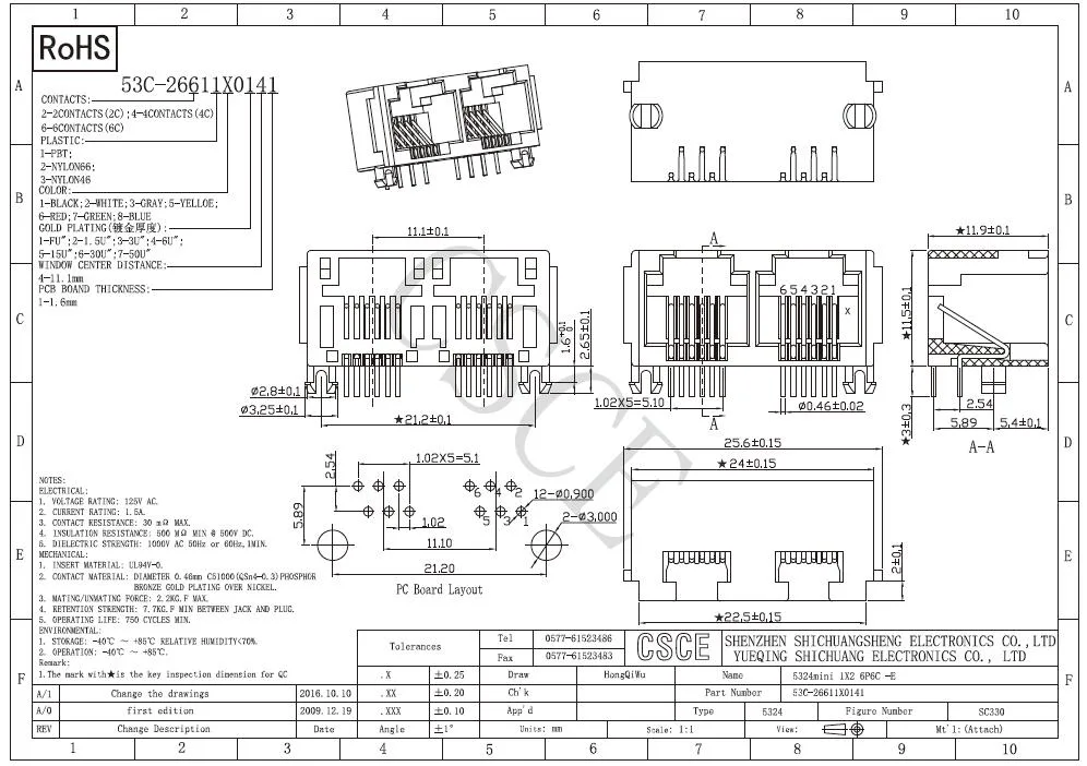 Side Entry Tab up 2 Ports 6p Rj11 Modular PCB Jack