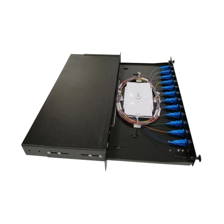 12/24 Port 1u Sc/LC/FC/St MPO Connector Jack Rack Mount Splitter Steel Fiber Optic Distribution Frame Termination Box/ODF/Patch Panel with Splice/Splicing Tray