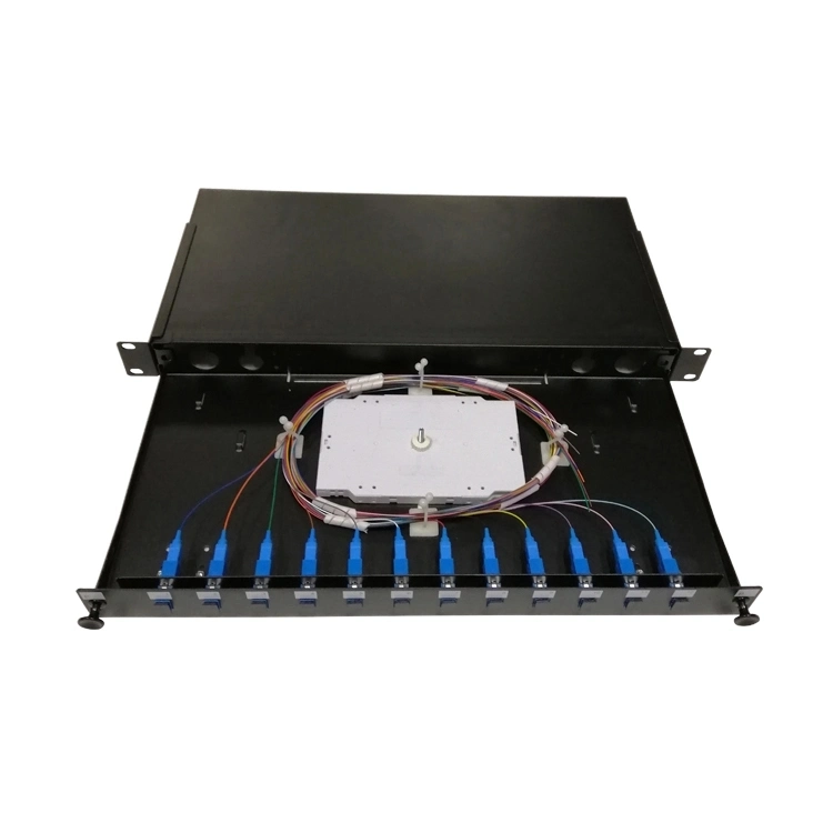 12/24 Port 1u Sc/LC/FC/St MPO Connector Jack Rack Mount Splitter Steel Fiber Optic Distribution Frame Termination Box/ODF/Patch Panel with Splice/Splicing Tray