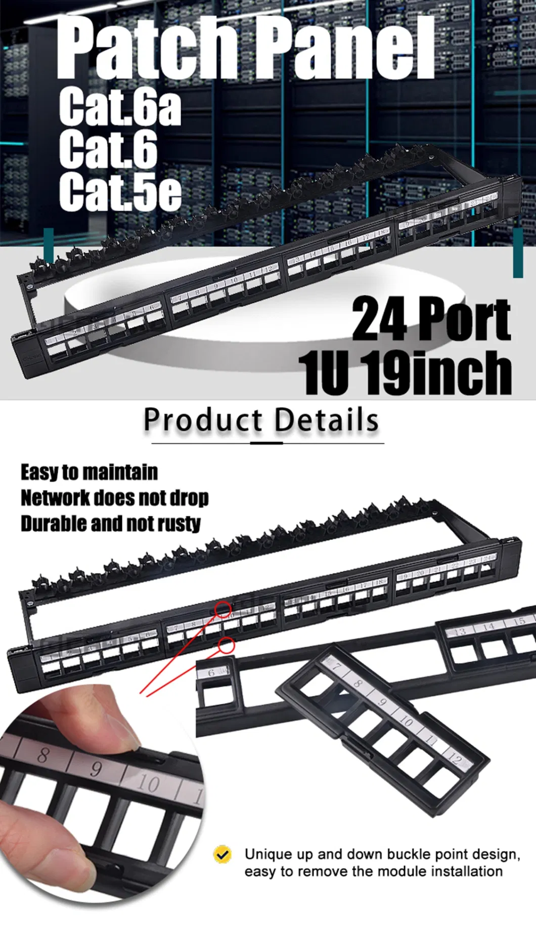 Gcabling 19inch 1u Rack Mount UTP 24 Port CAT6 Cable Management Patch Panel