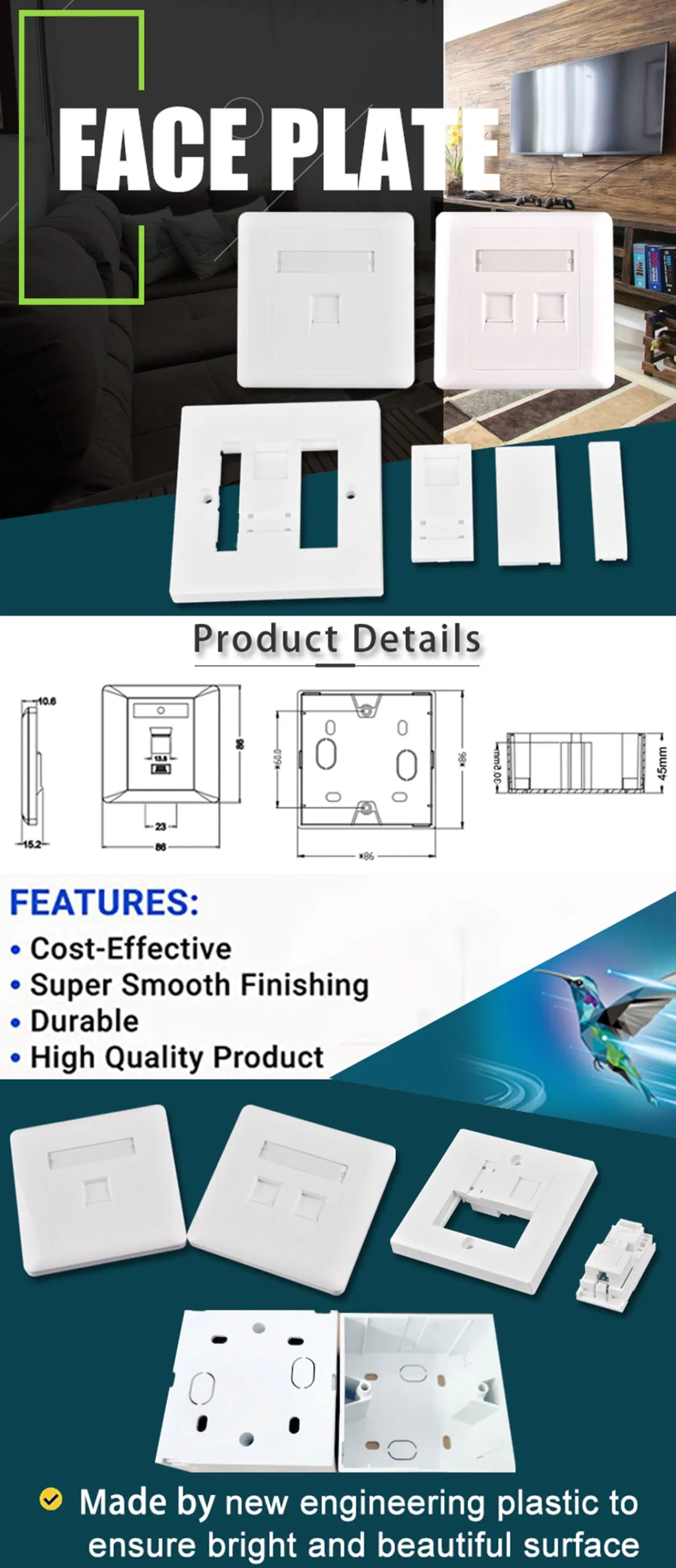 Gcabling 1port 2port 4port RJ45 86X86mm Cat5e CAT6A Keystone Jack Face Plate RJ45 UK Faceplate