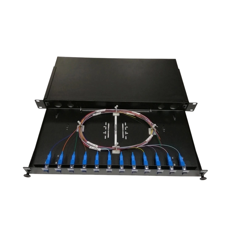 12/24 Port 1u Sc/LC/FC/St MPO Connector Jack Rack Mount Splitter Steel Fiber Optic Distribution Frame Termination Box/ODF/Patch Panel with Splice/Splicing Tray