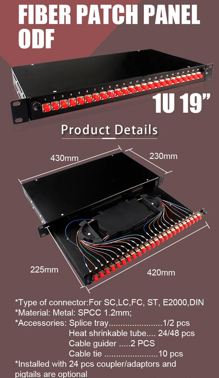 Gcabling FTTH 24 Port Sc LC FC St Optical Fiber Distribution Frame Rack Mount Splicer Optical Fiber Cable ODF Data Fiber Optic Patch Panel