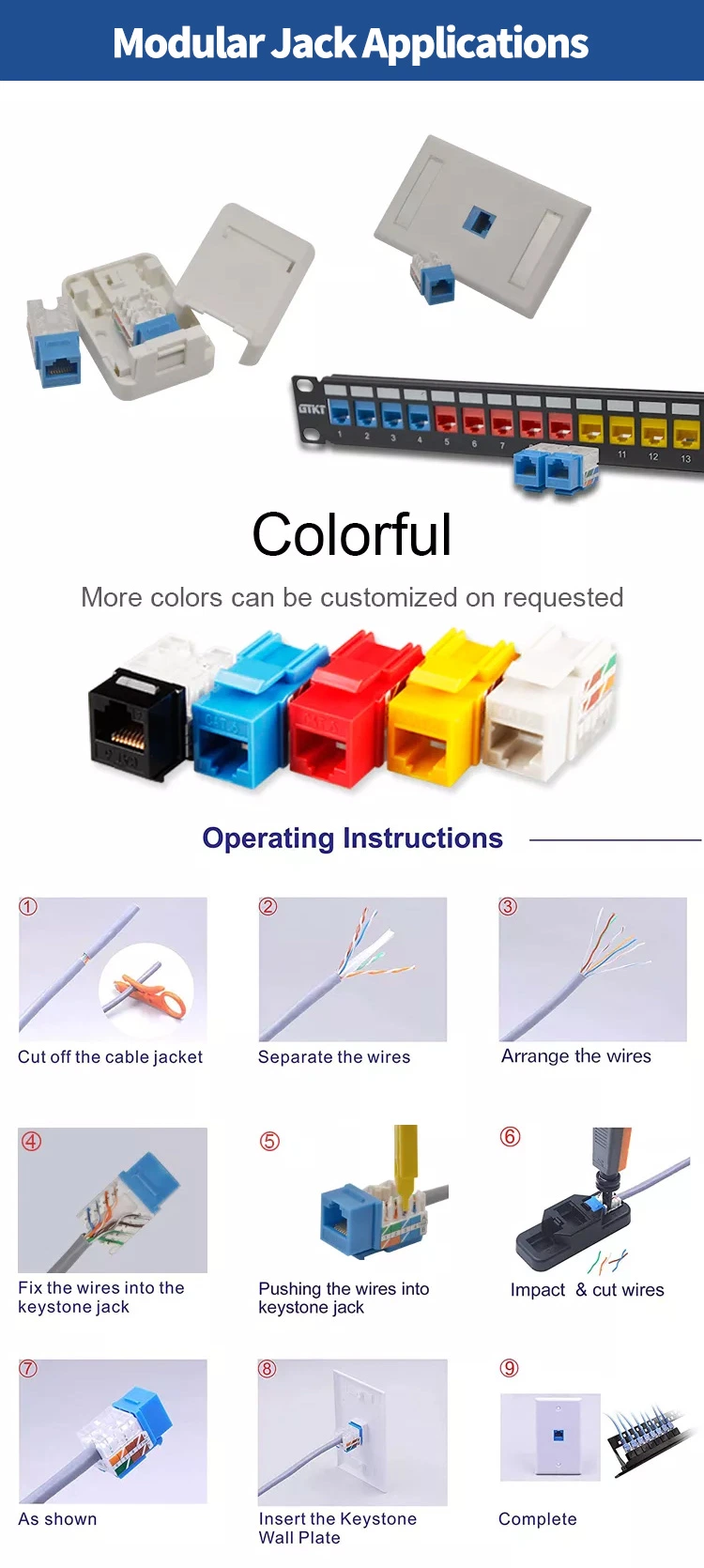 180 Degree Punch Down Color Cat 6A Tooless RJ45 Cat8 Cat5e FTP Keystone Jack RJ45 Socket