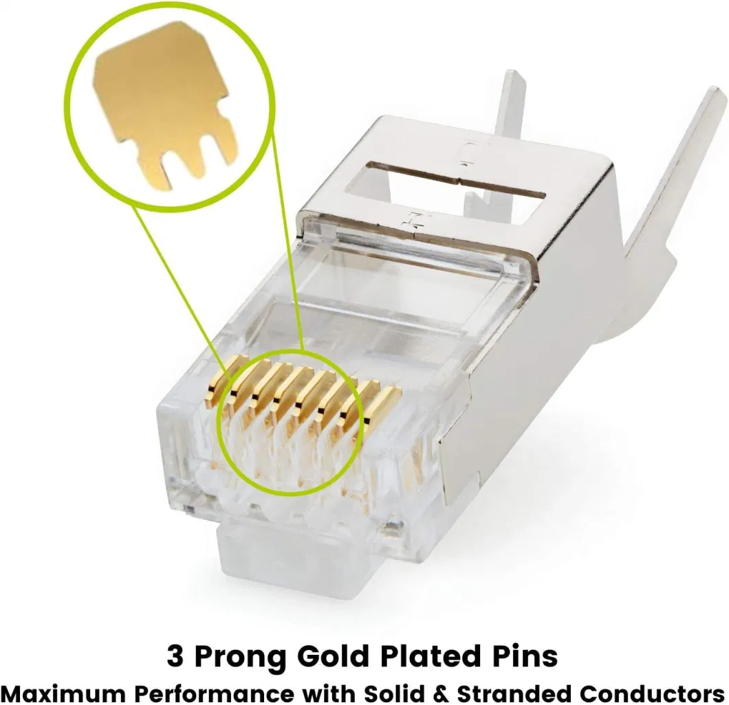 Shielded CAT6 RJ45 Connector - Igreely 50pack 24AWG Gold Plated RJ45 CAT6/Cat5e/Cat5 8p8c 50 Micron 50u 3 Prong FTP STP Ethernet Cable End Crimp Connector