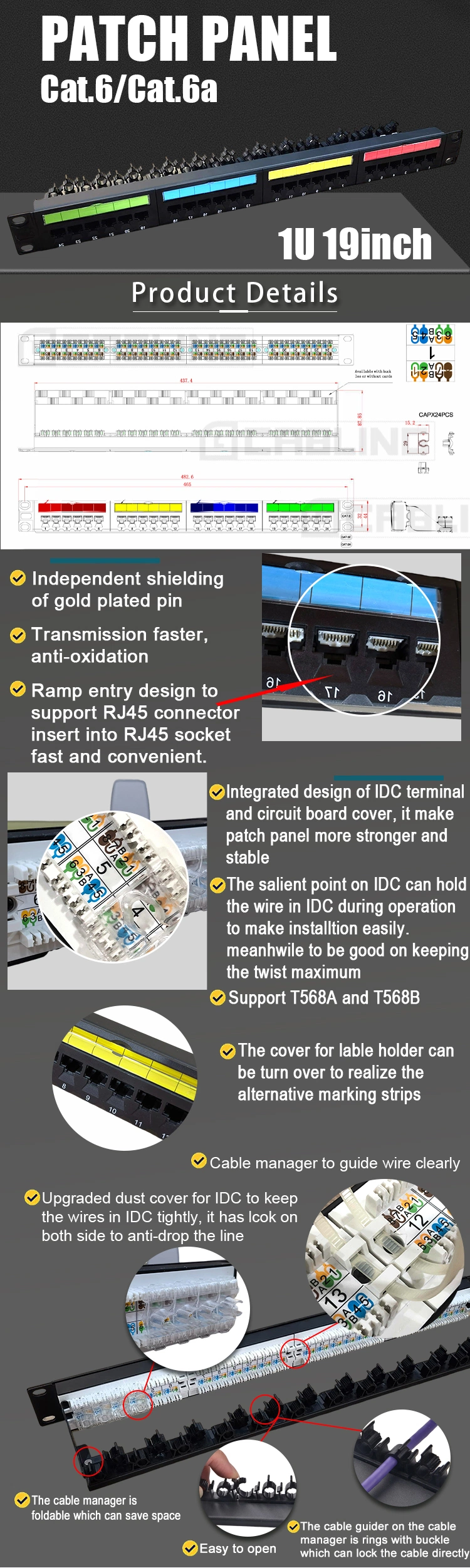 Geteknet 1u 19&quot; Patch Panel 24 Port CAT6 CAT6A RJ45 Rackmount Cat 6 6A Designed Cable Management Ring Unshielded UTP Patch Panel