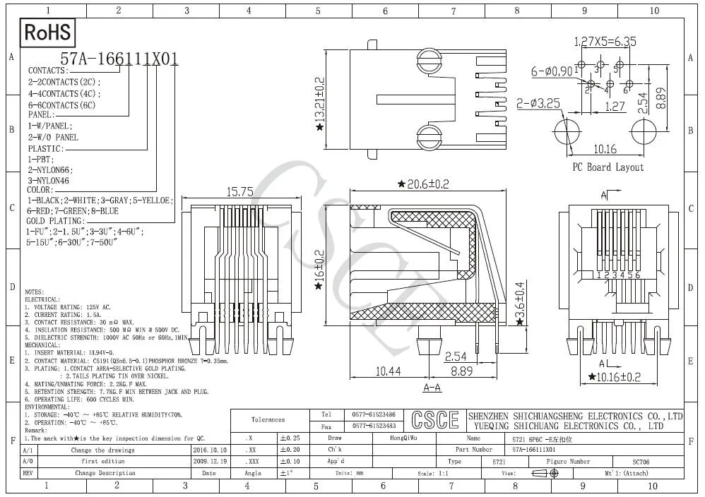 Unshield Tab Down 6p Rj12 Modular PCB Jack with Left Position