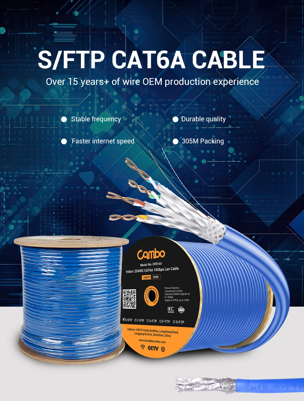 CAT6A S/FTP Shield 0.57mm 24AWG 305m Copper Cmr Flame Retardant Indoor Yellow 500 MHz Safety and Security Ethernet Cables
