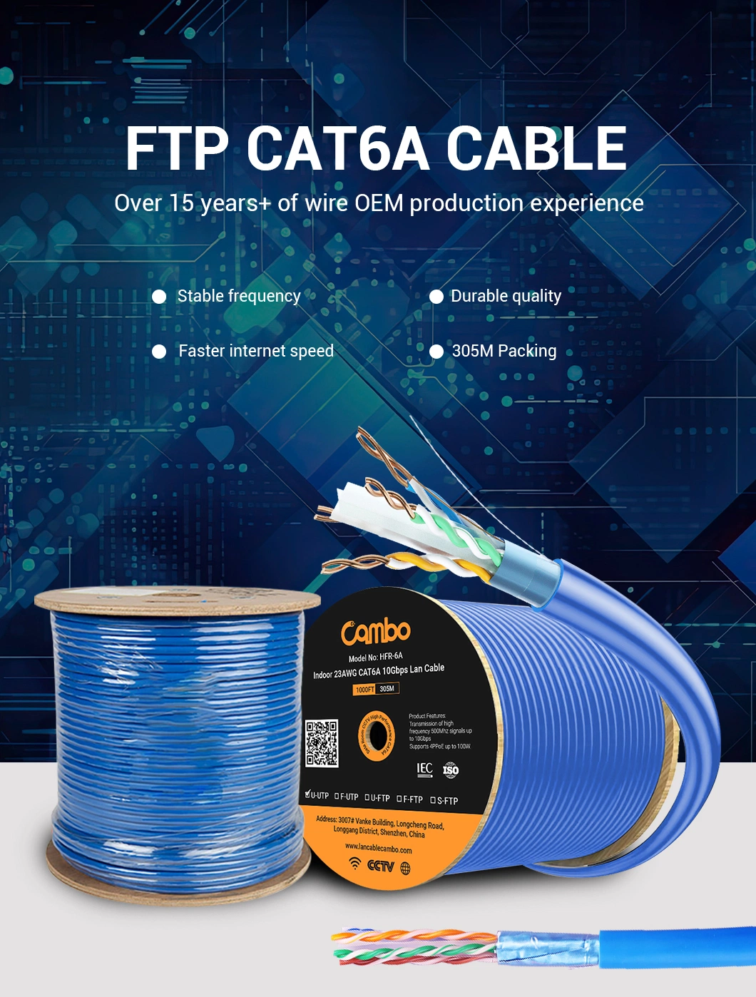 LAN Bare Copper Wire Cambo 305m/Box U-FTP CAT6A Pure Ethernet Inter Interior CMP Cable