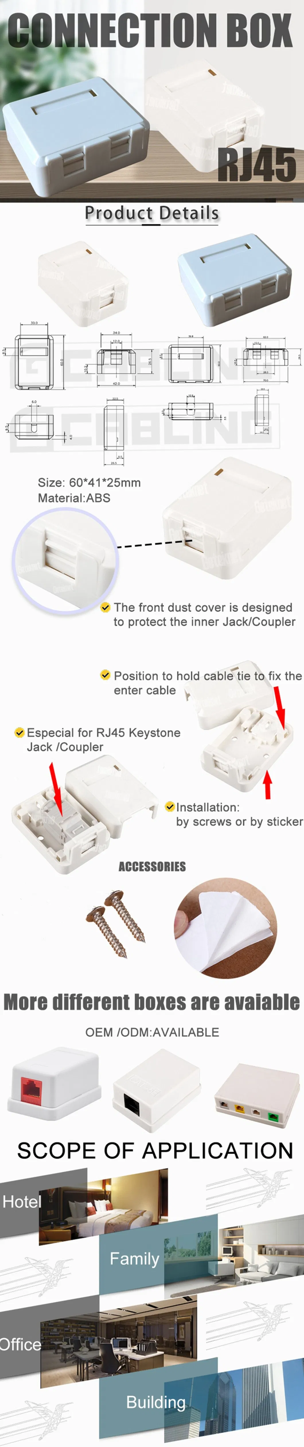 Gcabling RJ45 Cat5e CAT6 UTP Surface Mount Box Keystone Jack Outlet Plastic Surface Mounting Box