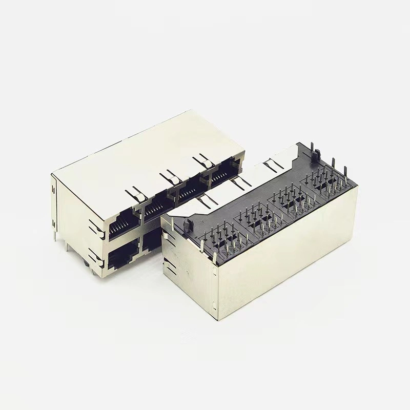 Quad 1X4 Port Shielded 1000 Base-T Female LED Fast Jack Ethernet Network PCB Cat5 CAT6 Cat7 RJ45 Connector