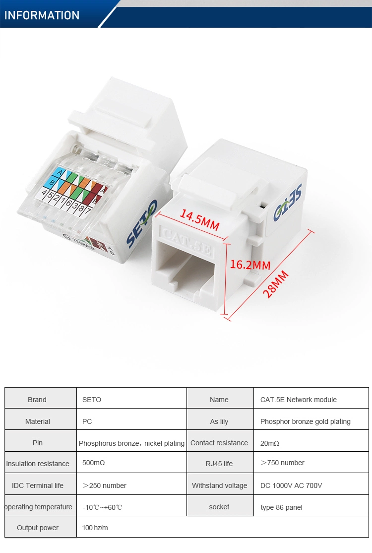 Seto RJ45 Connector Tool-Free White Color Keystone Jack Cat5e RJ45