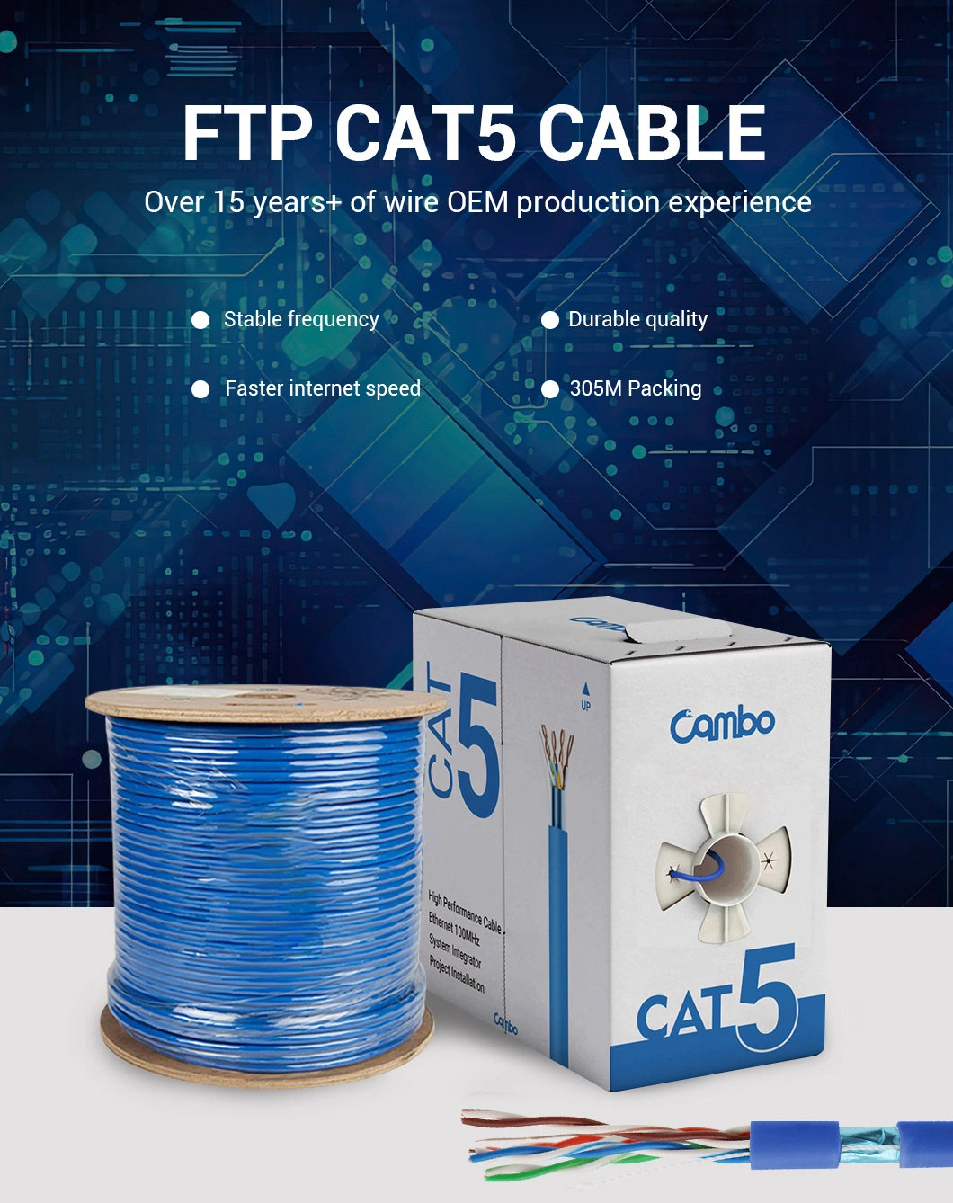 305m/Drum Cambo CAT6 LAN FTP Cat5e Cat5 UTP Network Cable with ISO