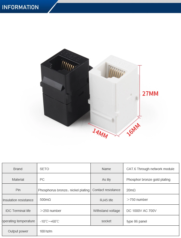 High Quality 180 Degree Female CAT6 Keystone Jack RJ45 Coupler