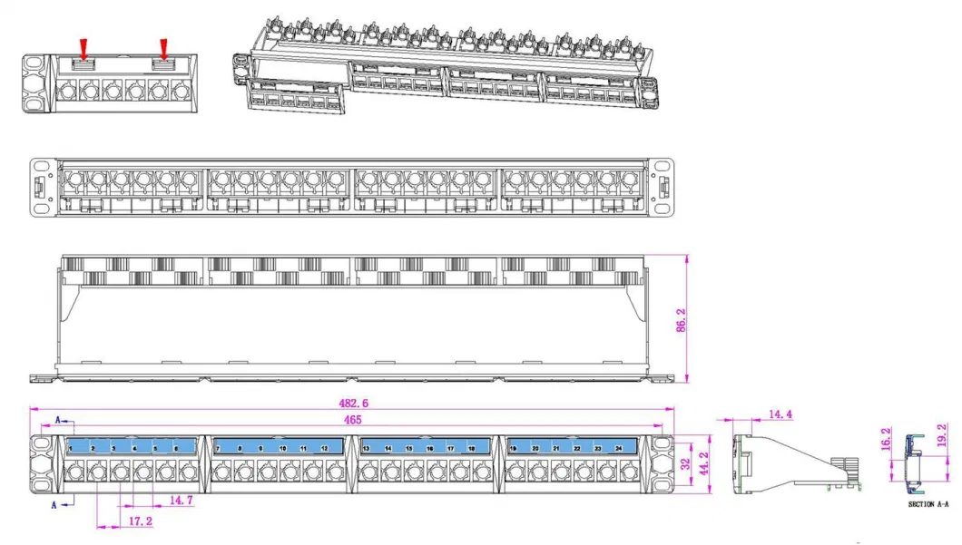 Factory Price 1u 24 Port 19 Inch RJ45 Empty Patch Panel with Cable Management Back Bar